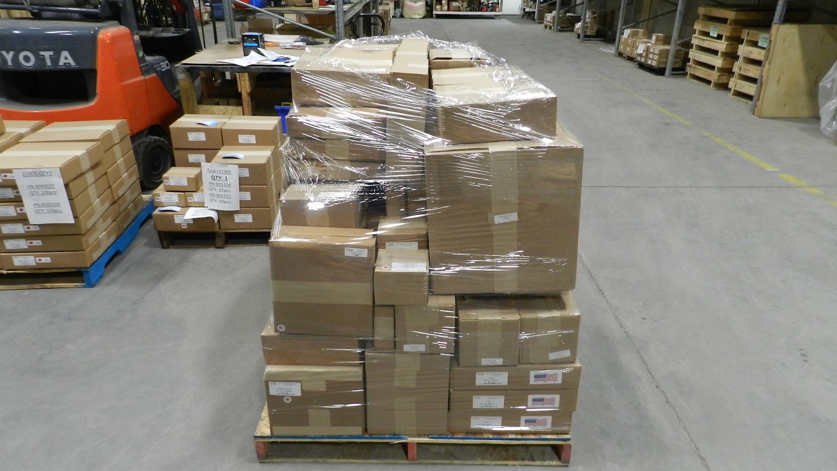 Pallet of boxed locomotive parts wrapped and ready for international shipment